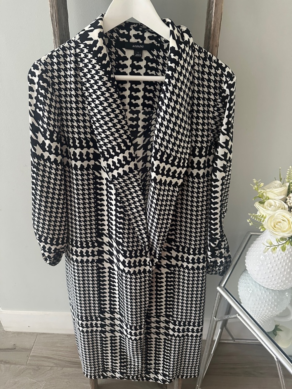 Alfani Black and White Houndstooth Shawl Collar Dress